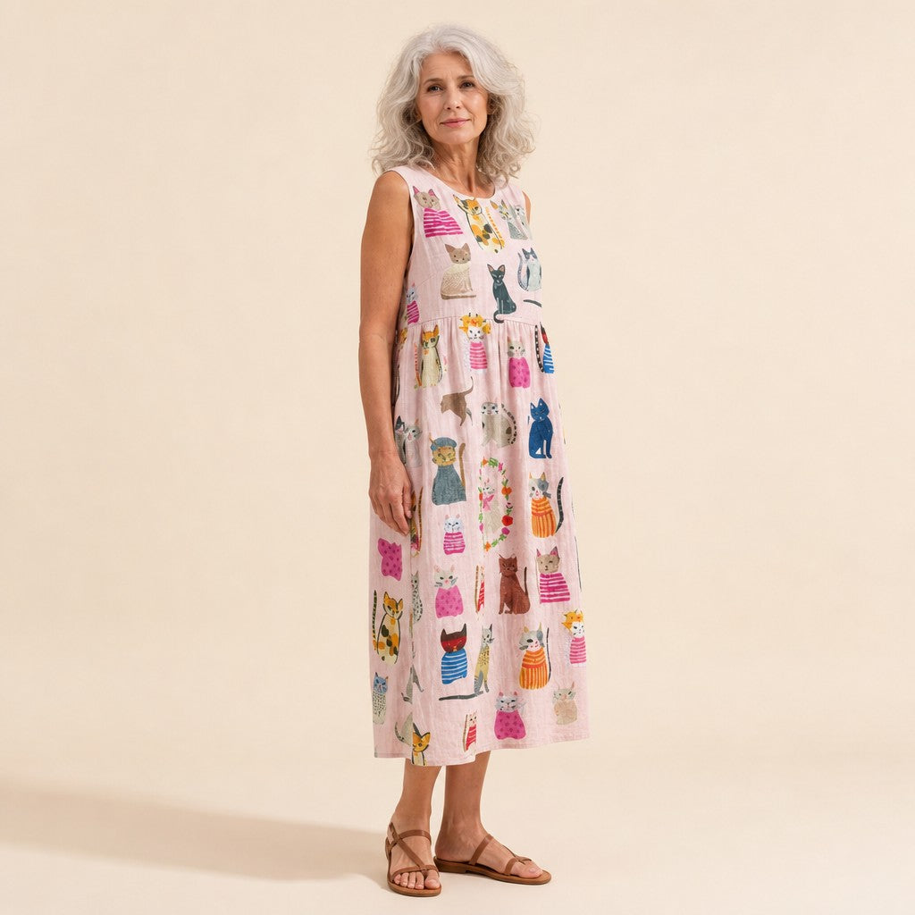 Marit | Mouwloze midi-jurk met kattenprint