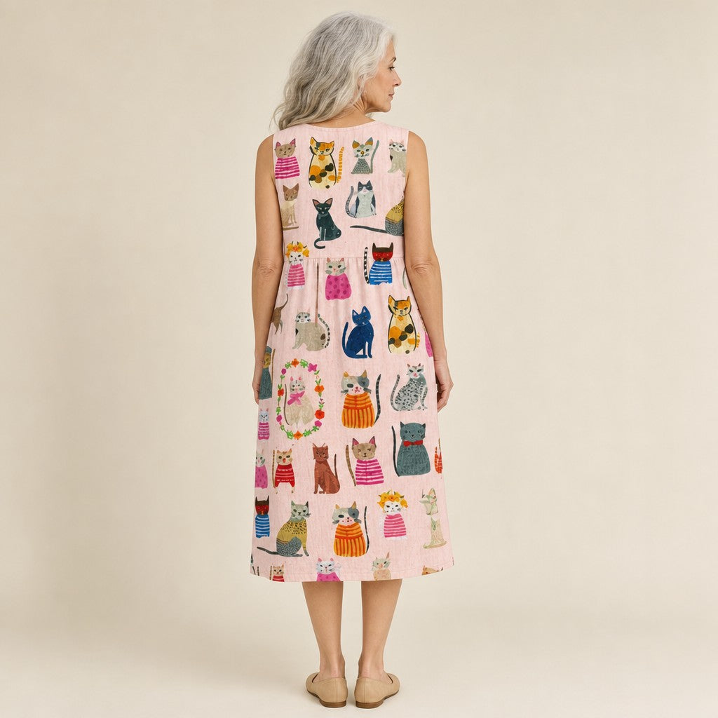 Marit | Mouwloze midi-jurk met kattenprint