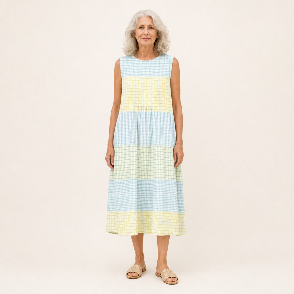 Eva | Mouwloze midi-jurk met ruitpatroon in geel, lichtblauw en wit