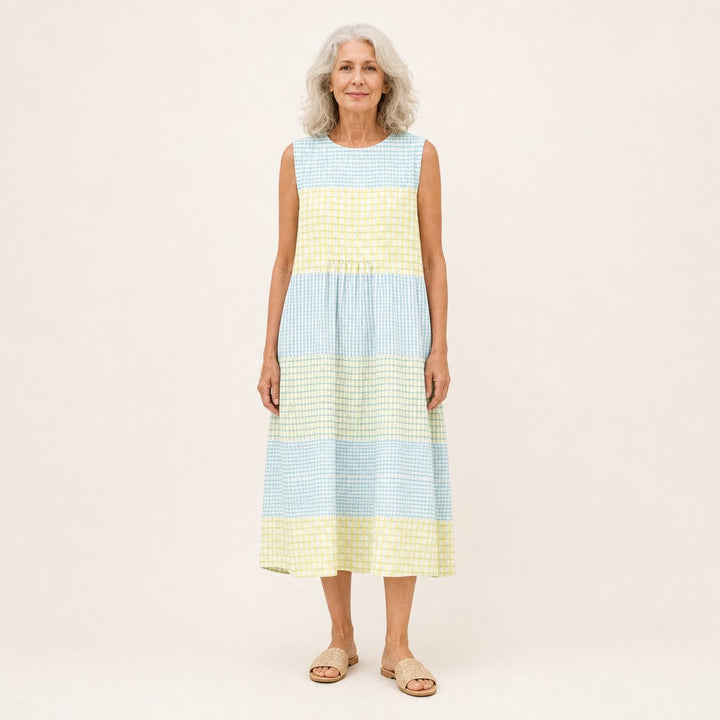 Eva | Mouwloze midi-jurk met ruitpatroon in geel, lichtblauw en wit
