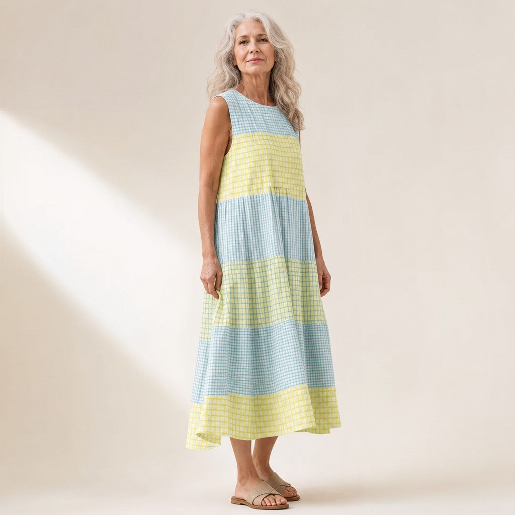 Eva | Mouwloze midi-jurk met ruitpatroon in geel, lichtblauw en wit