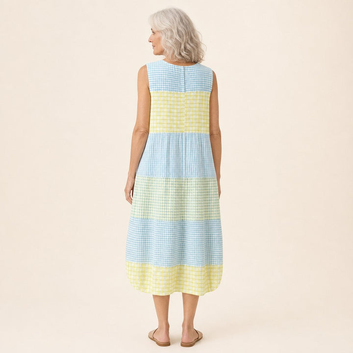 Eva | Mouwloze midi-jurk met ruitpatroon in geel, lichtblauw en wit