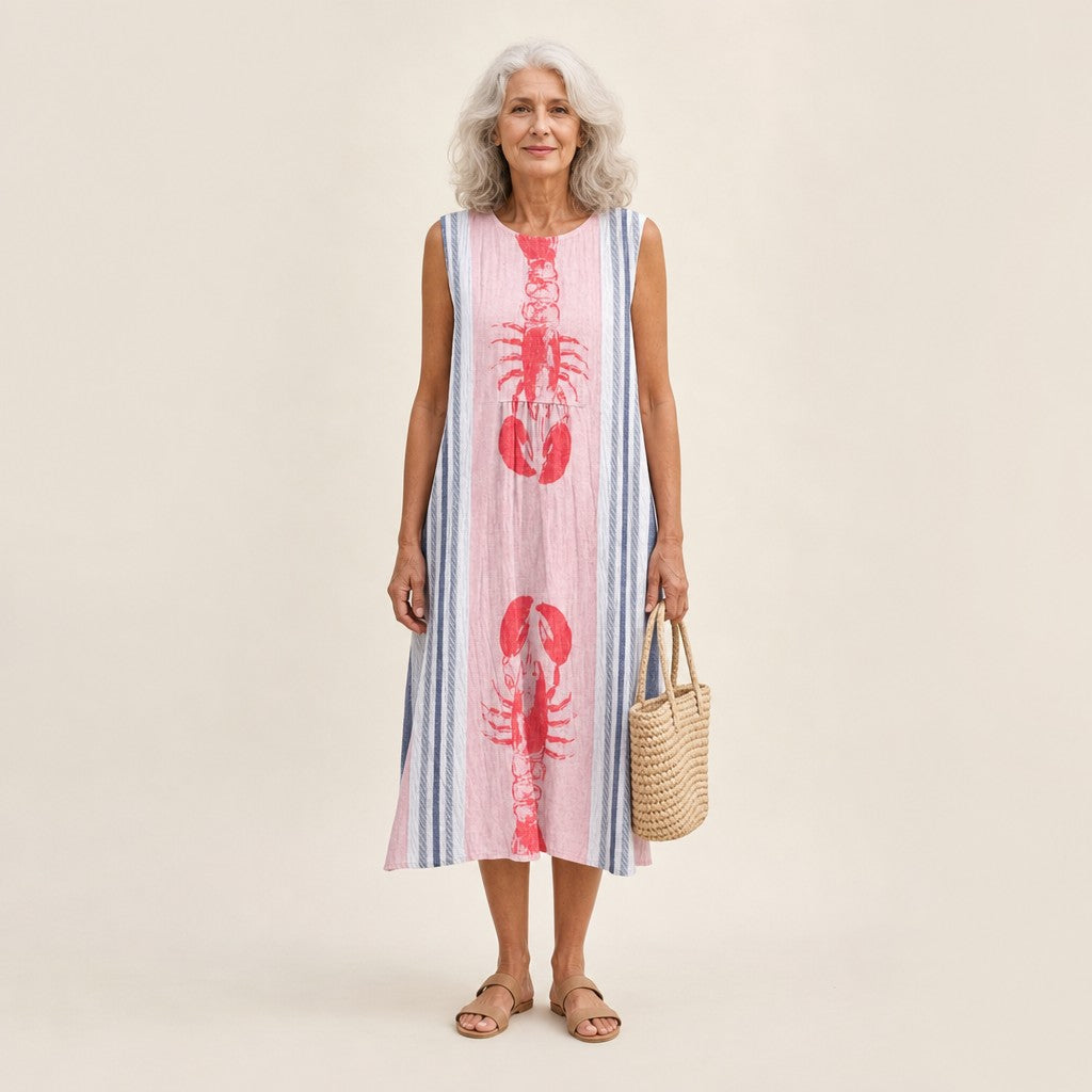 Tess | Mouwloze midi-jurk met kreeften en strepen