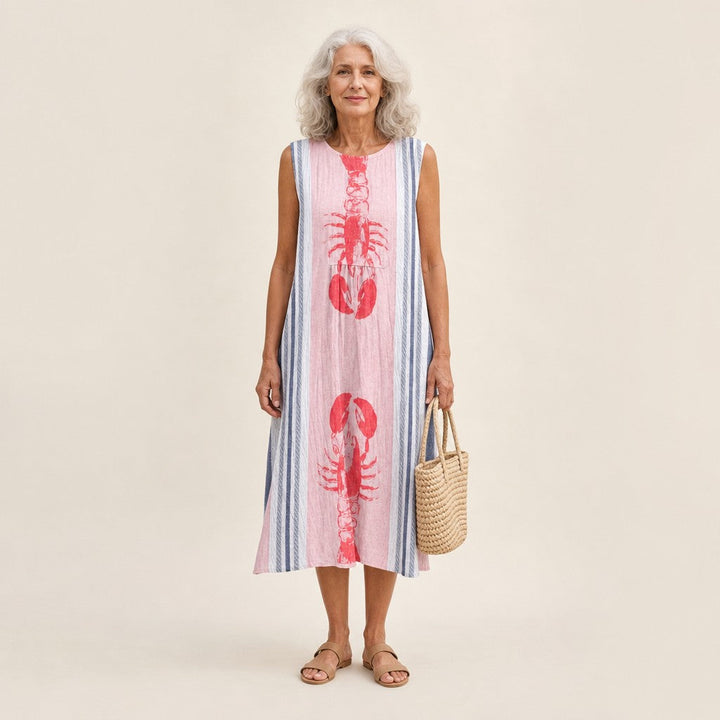 Tess | Mouwloze midi-jurk met kreeften en strepen