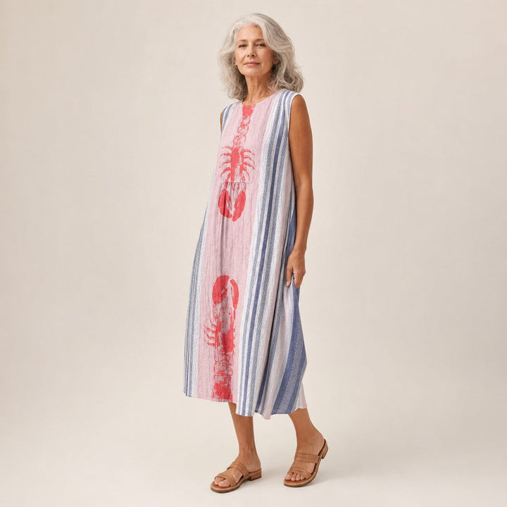 Tess | Mouwloze midi-jurk met kreeften en strepen