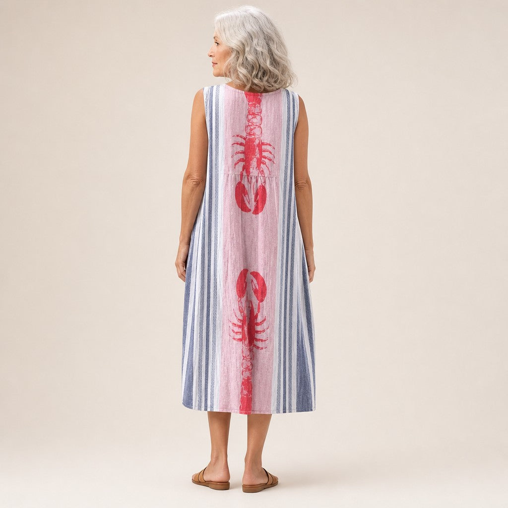 Tess | Mouwloze midi-jurk met kreeften en strepen