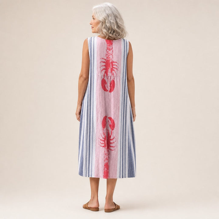 Tess | Mouwloze midi-jurk met kreeften en strepen