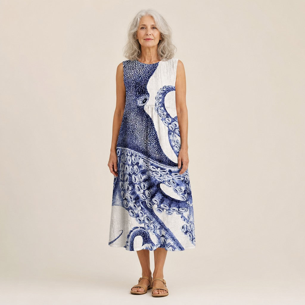 Anneke | Mouwloze midi-jurk met octopusprint
