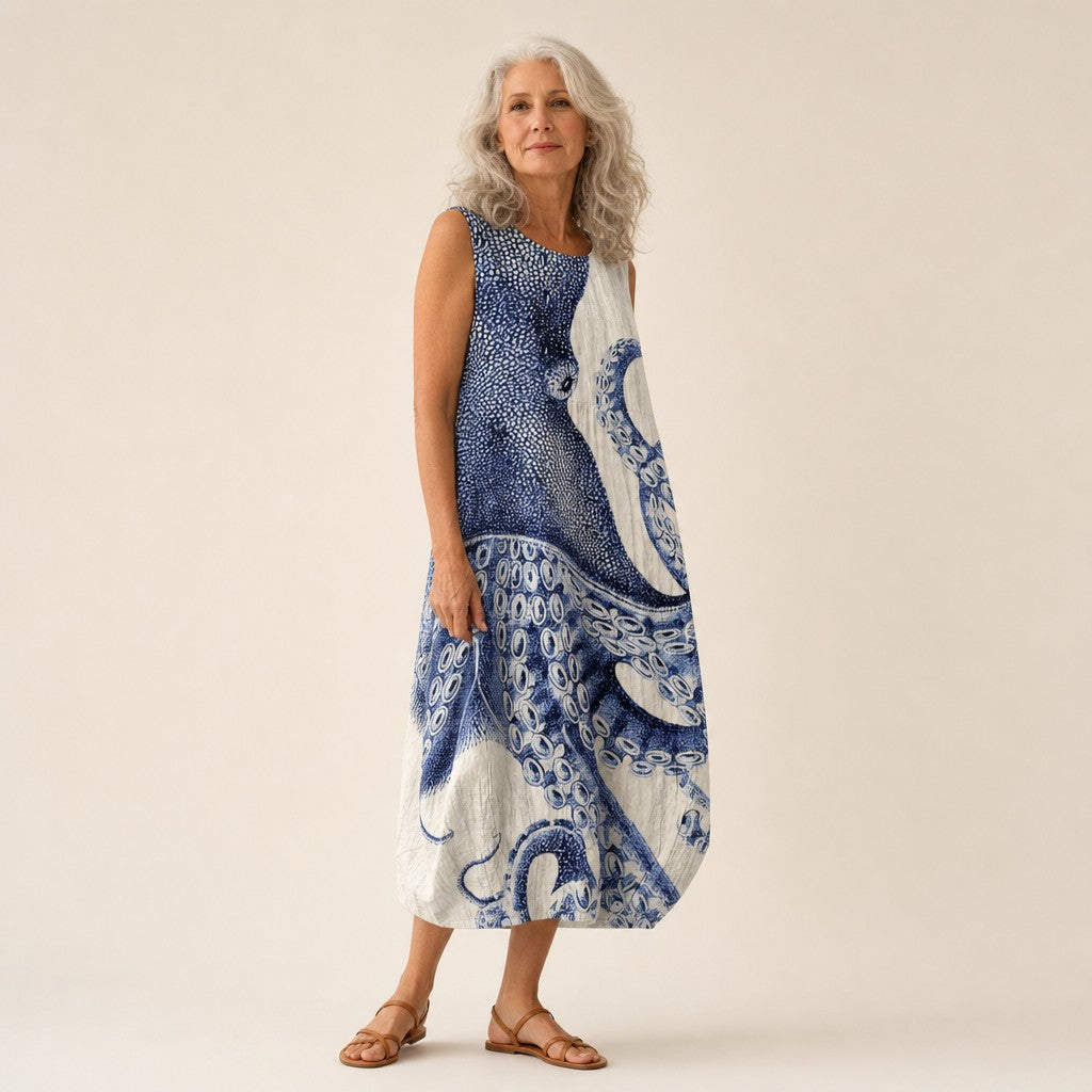 Anneke | Mouwloze midi-jurk met octopusprint