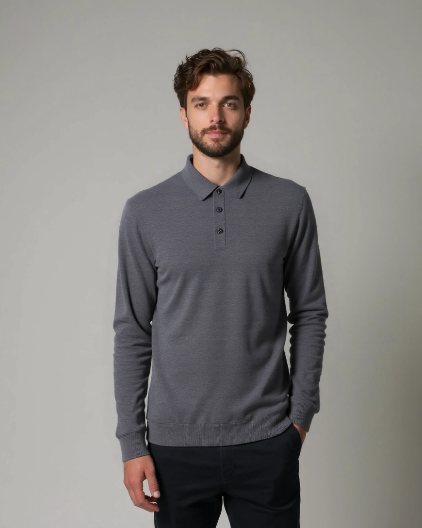 Rienk | Grijs poloshirt met lange mouwen