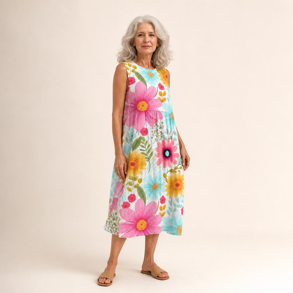 Noortje | Mouwloze midi-jurk met grote kleurrijke bloemen