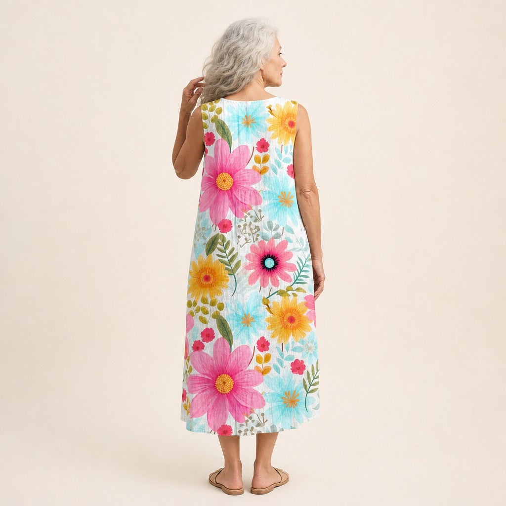Noortje | Mouwloze midi-jurk met grote kleurrijke bloemen
