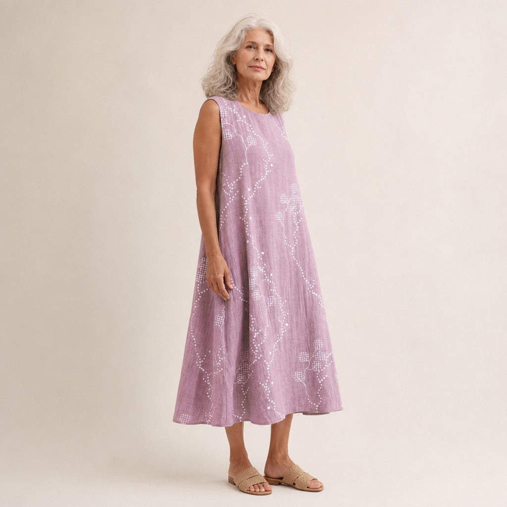 Ans | Mouwloze midi-jurk in lila met stippenlijnen