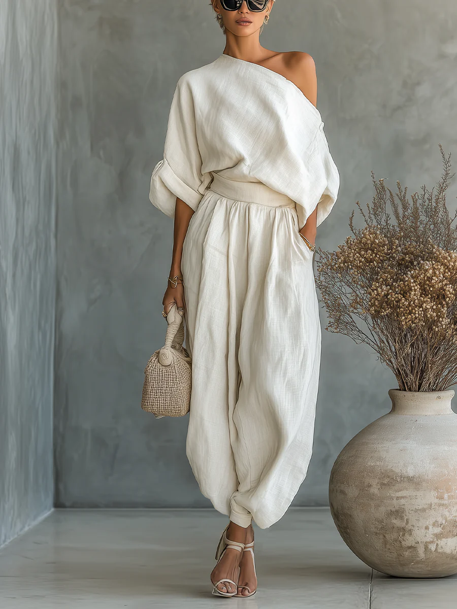 Rosalinde | Linnen set met off-shoulder top en smalle broek