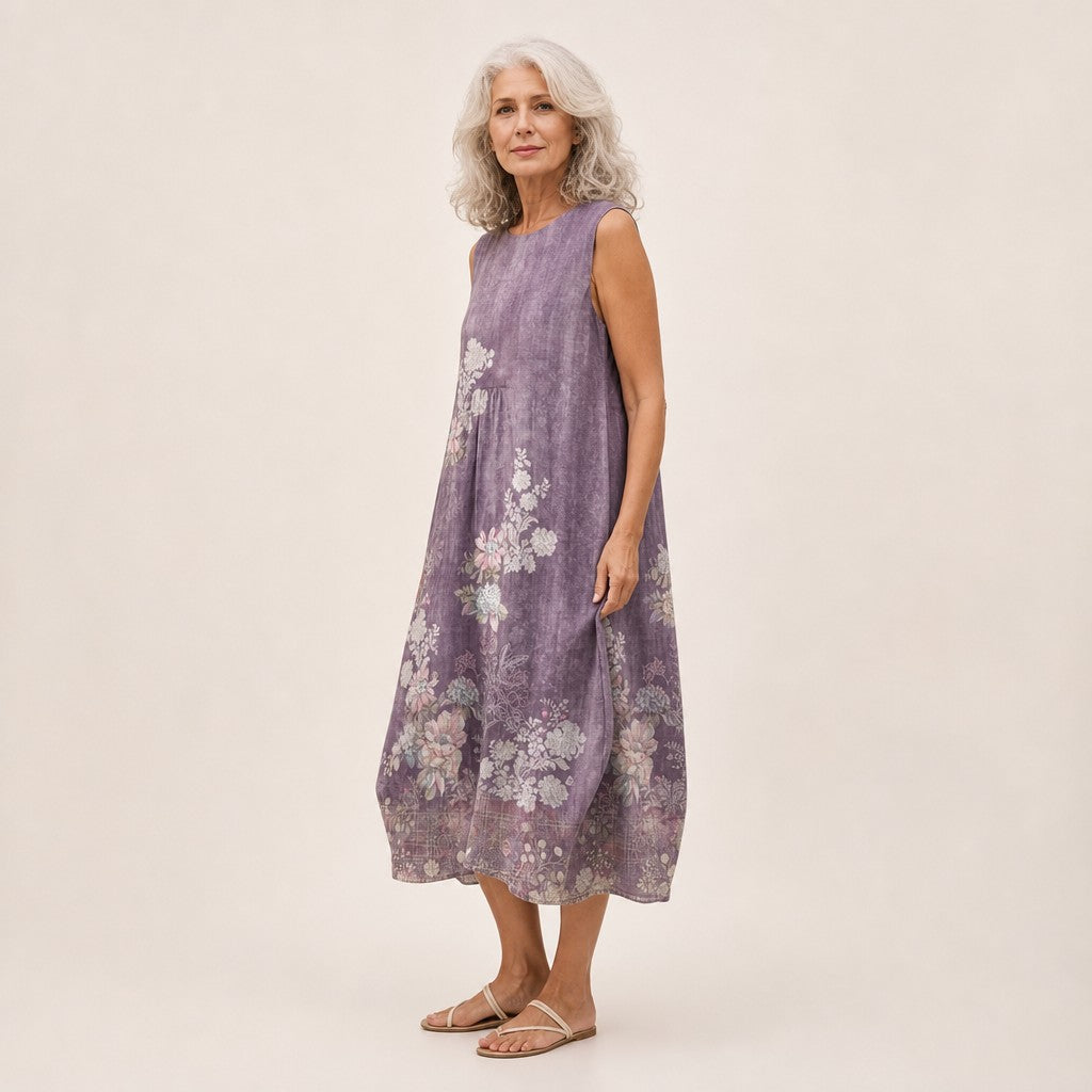 Sophie | Mouwloze midi-jurk met bloemen op paars