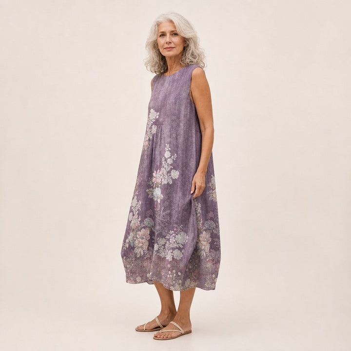 Sophie | Mouwloze midi-jurk met bloemen op paars