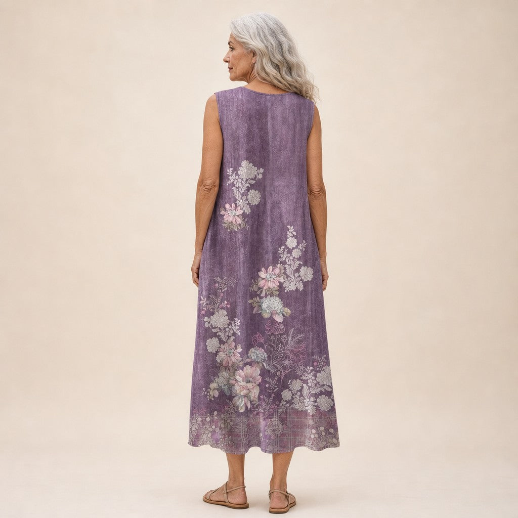Sophie | Mouwloze midi-jurk met bloemen op paars