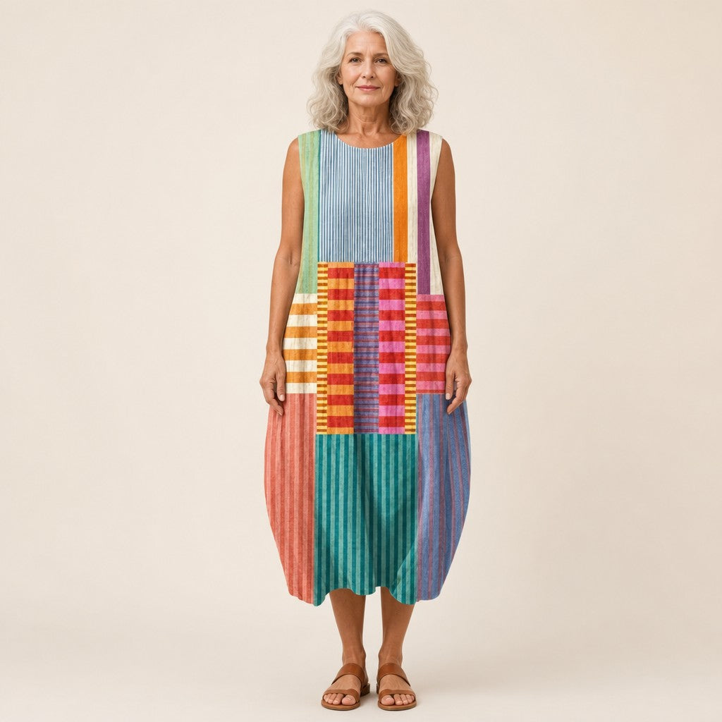 Wilma | Mouwloze midi-jurk met kleurrijk streeppatchwork