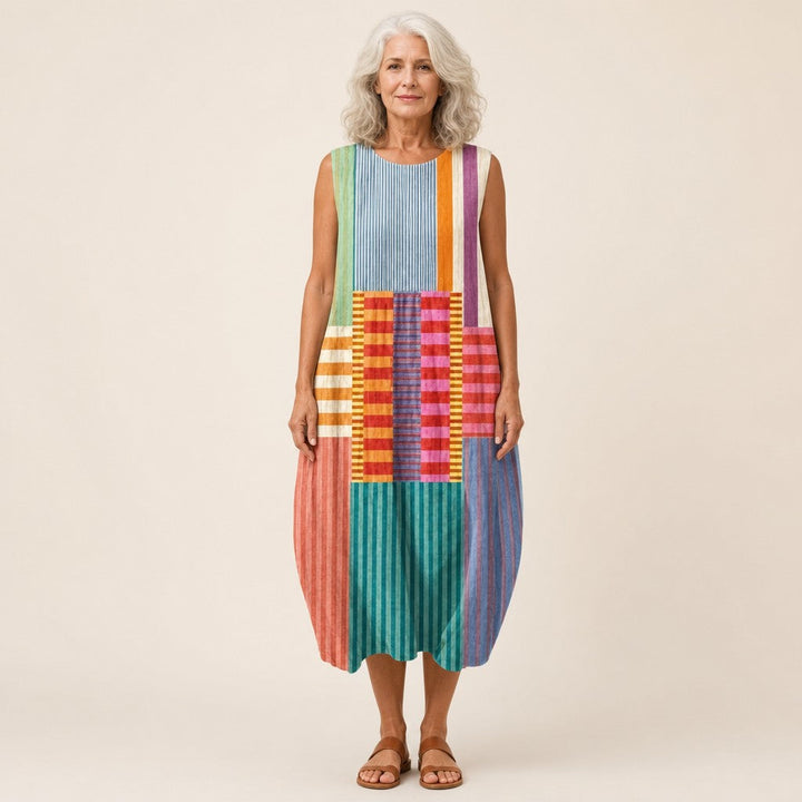 Wilma | Mouwloze midi-jurk met kleurrijk streeppatchwork