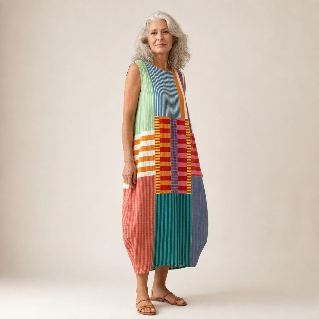 Wilma | Mouwloze midi-jurk met kleurrijk streeppatchwork