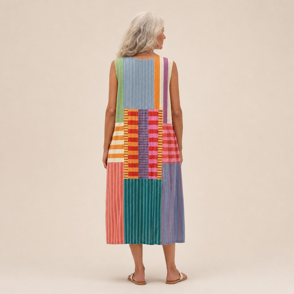 Wilma | Mouwloze midi-jurk met kleurrijk streeppatchwork