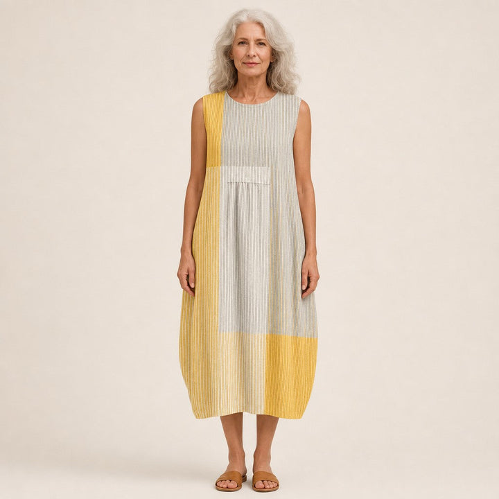 Sandra | Mouwloze midi-jurk met kleurvlakken in geel, beige en grijs