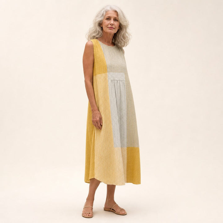 Sandra | Mouwloze midi-jurk met kleurvlakken in geel, beige en grijs