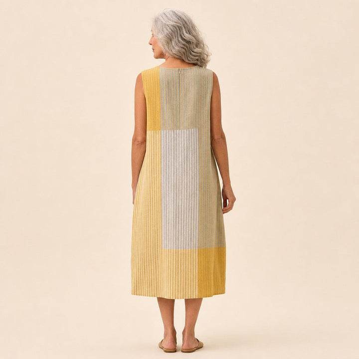 Sandra | Mouwloze midi-jurk met kleurvlakken in geel, beige en grijs