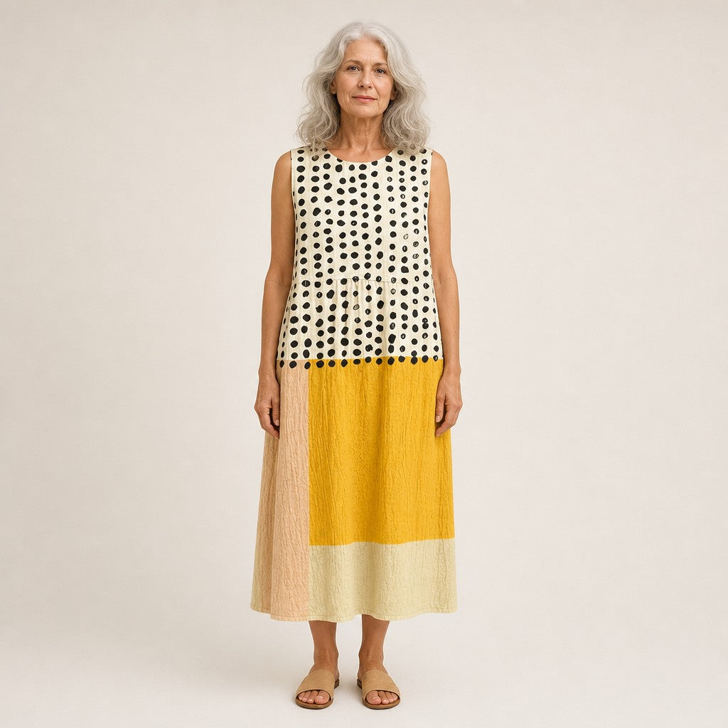 Jasmijn | Mouwloze midi-jurk met stippen en kleurvlakken