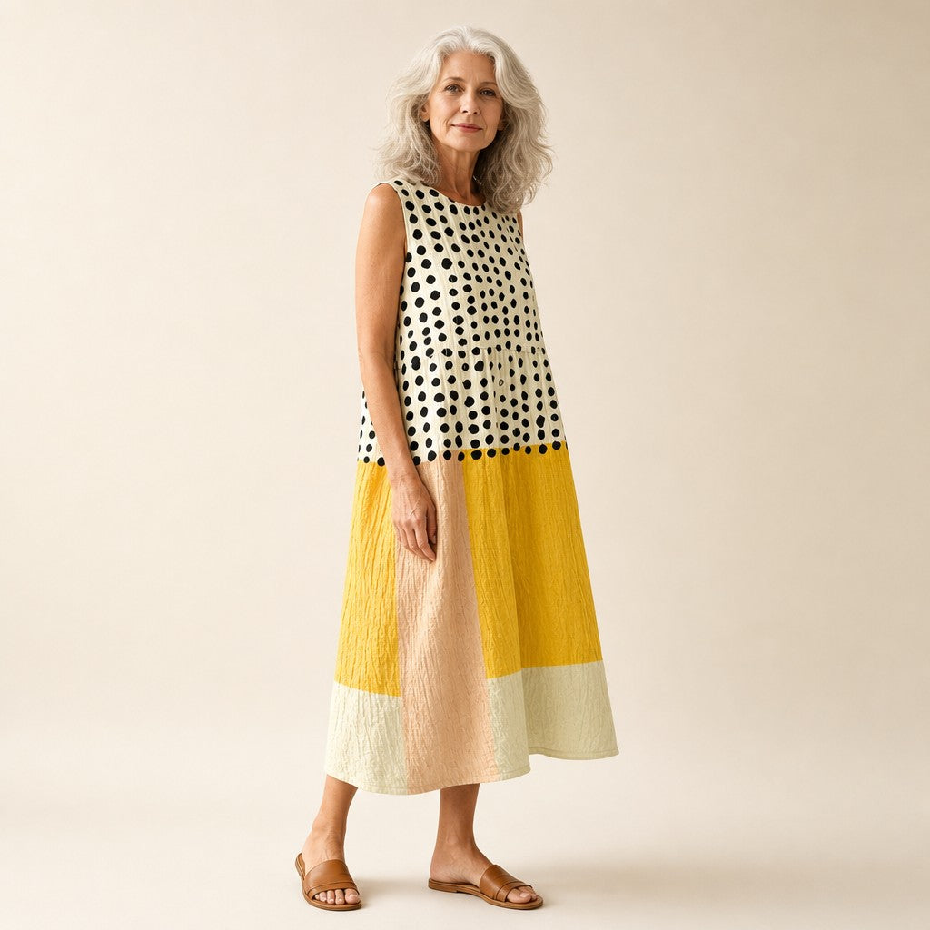 Jasmijn | Mouwloze midi-jurk met stippen en kleurvlakken
