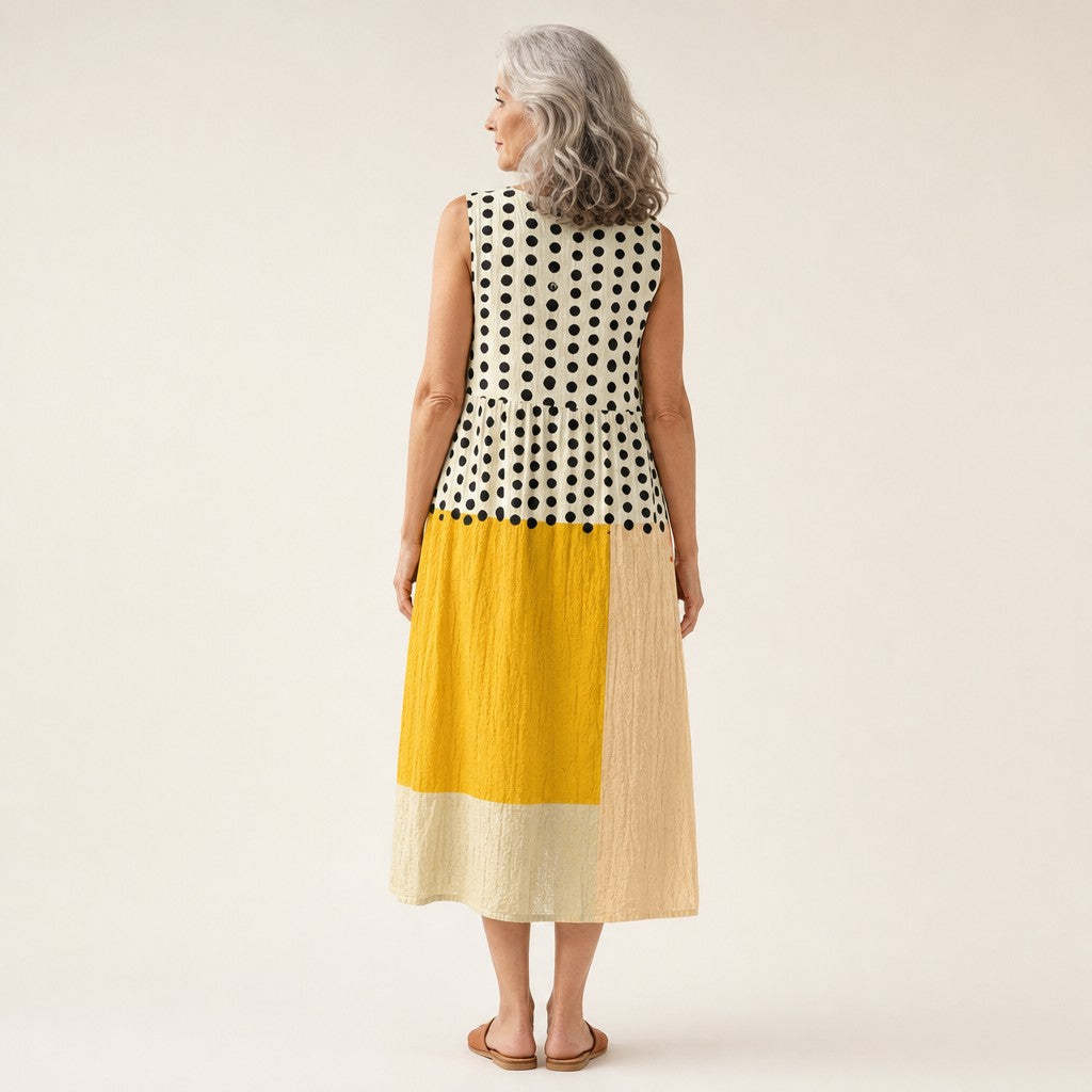 Jasmijn | Mouwloze midi-jurk met stippen en kleurvlakken