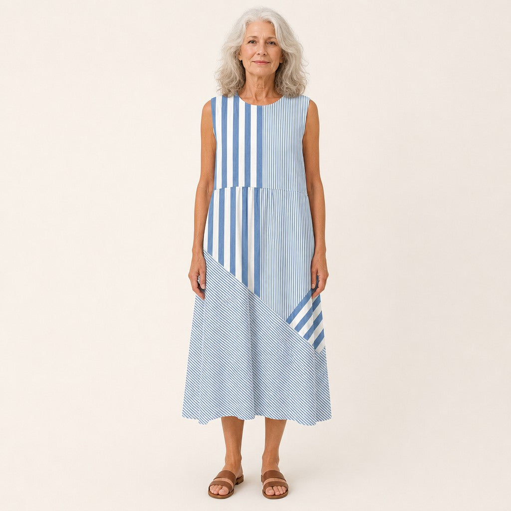 Loes | Mouwloze midi-jurk met blauwe en witte strepen