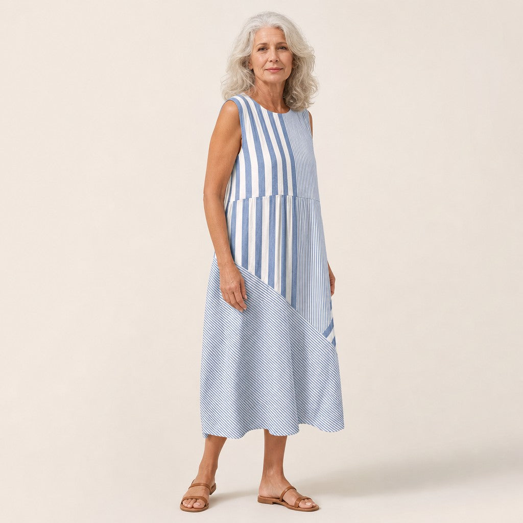 Loes | Mouwloze midi-jurk met blauwe en witte strepen