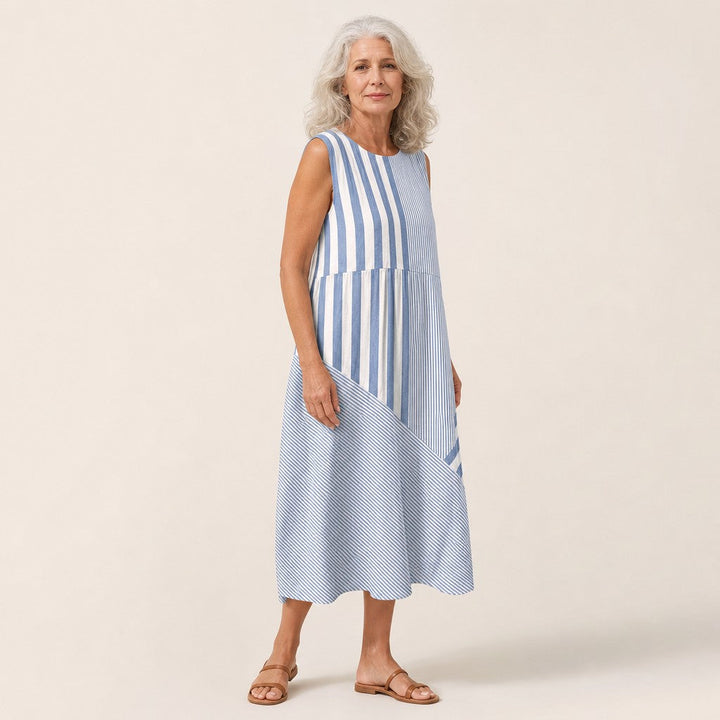 Loes | Mouwloze midi-jurk met blauwe en witte strepen