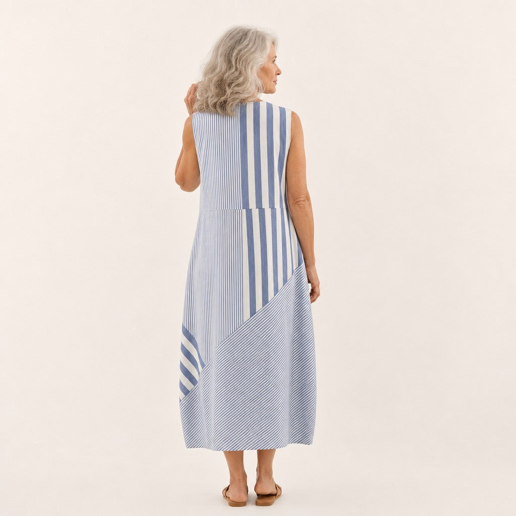 Loes | Mouwloze midi-jurk met blauwe en witte strepen