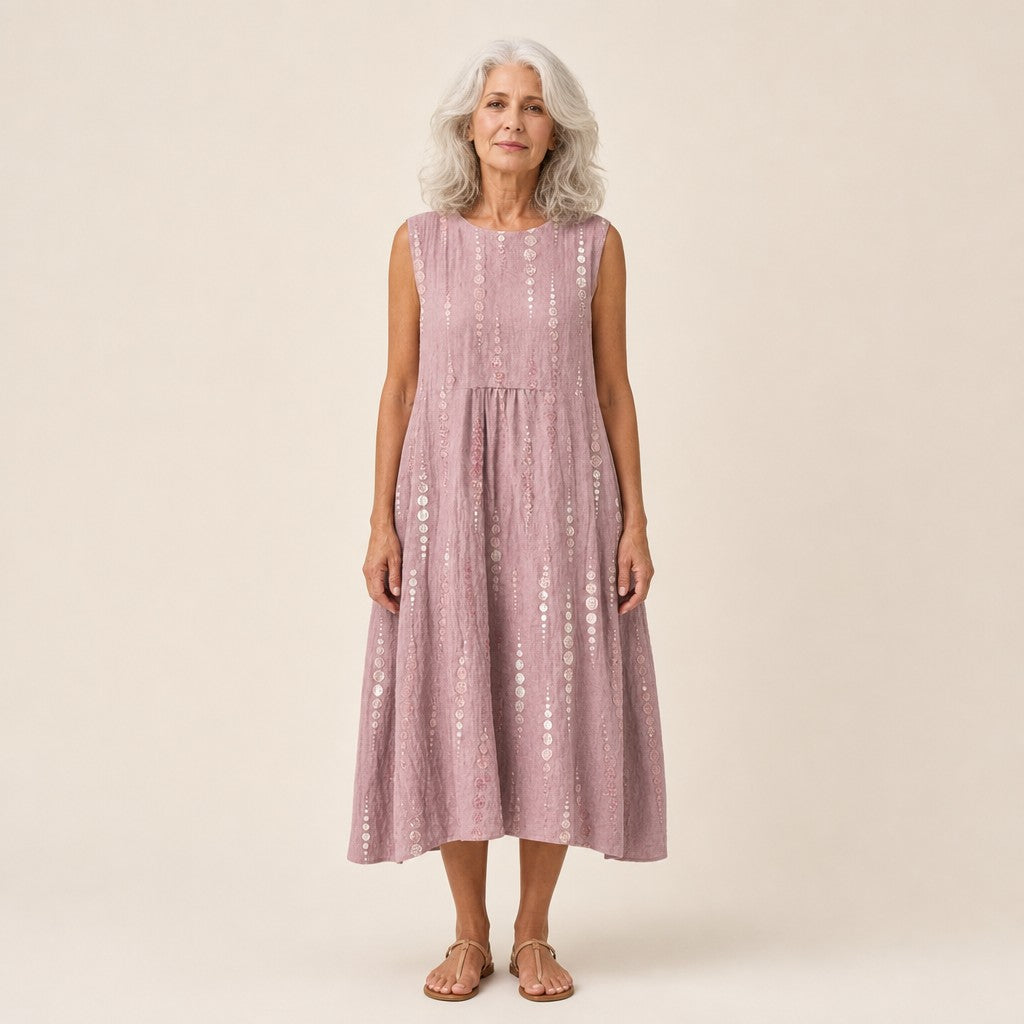Eline | Mouwloze midi-jurk in oudroze met stippenrijen