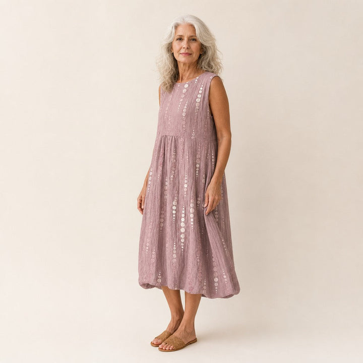 Eline | Mouwloze midi-jurk in oudroze met stippenrijen