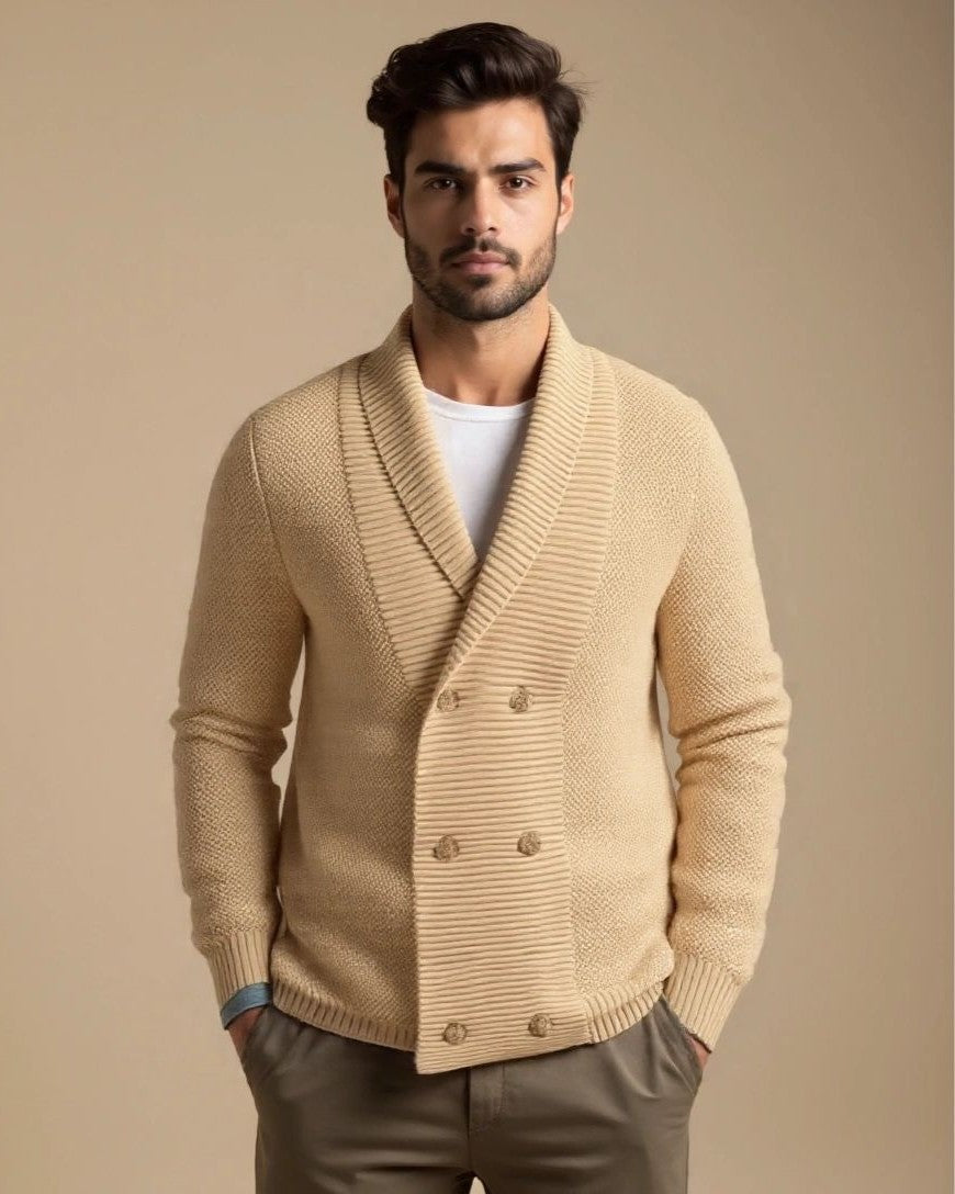 Emmerik | Beige vest met sjaalkraag en dubbele knoopsluiting