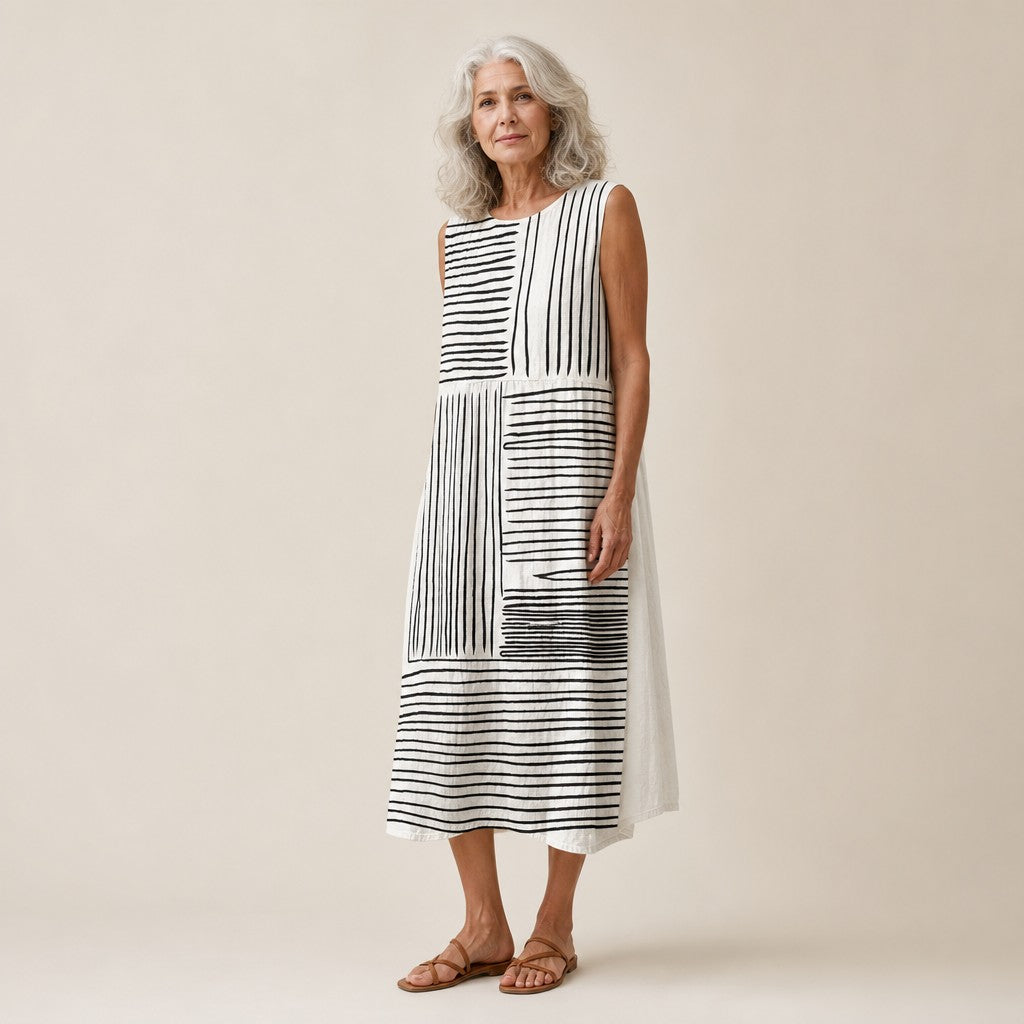 Anouk | Mouwloze midi-jurk met zwart-witte streepvlakken