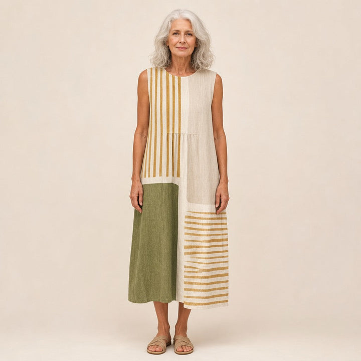 Lisanne | Mouwloze midi-jurk in olijf, beige en goud