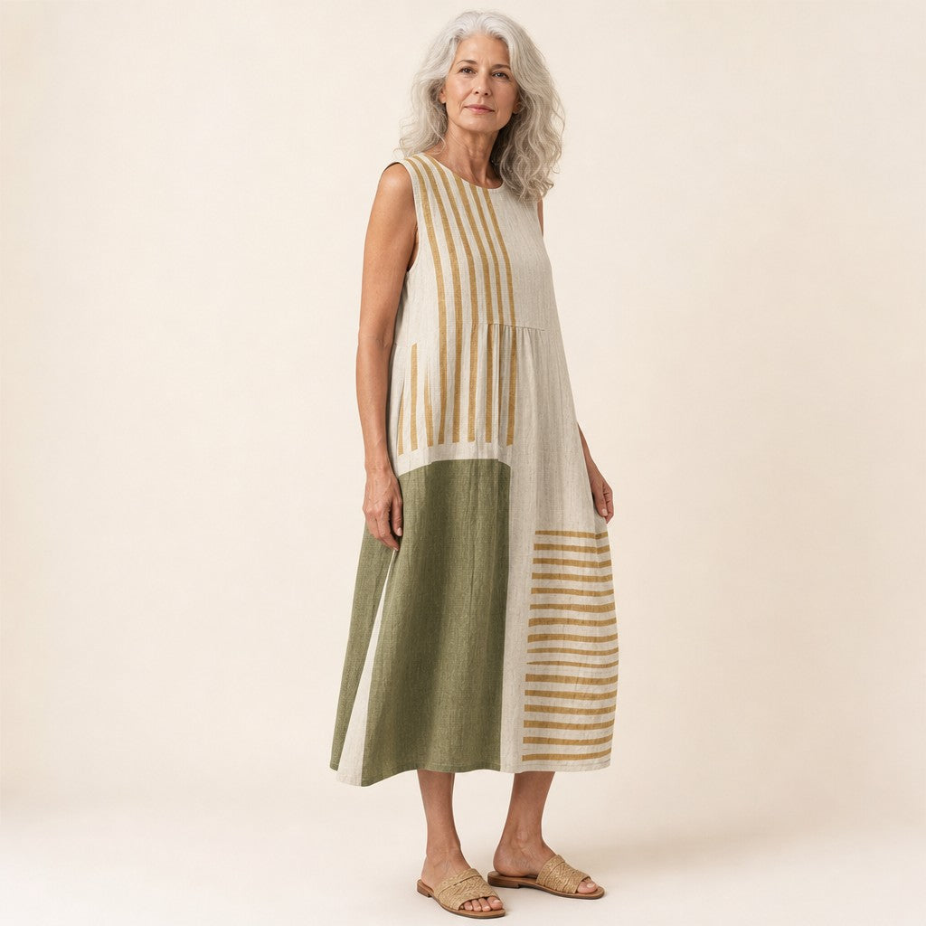 Lisanne | Mouwloze midi-jurk in olijf, beige en goud