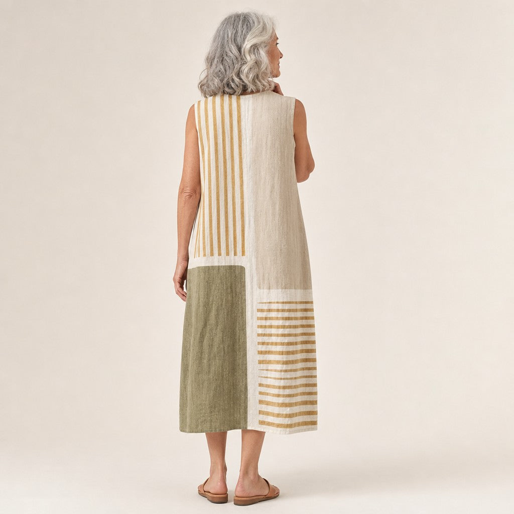 Lisanne | Mouwloze midi-jurk in olijf, beige en goud