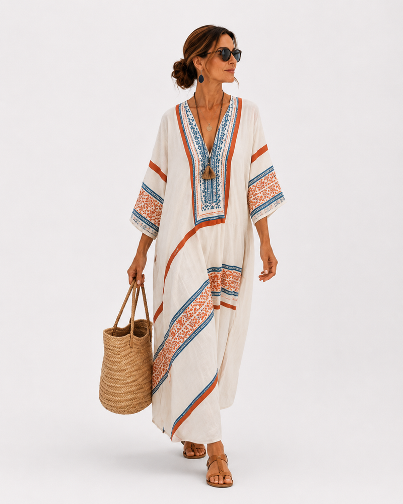 Stijntje | Witte Kaftan met Etnisch Randmotief