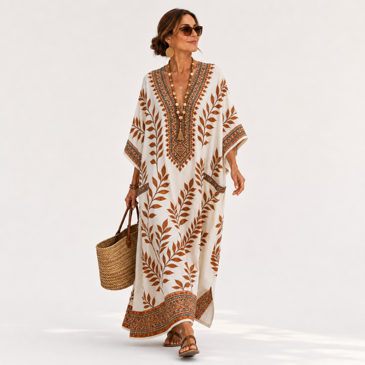 Nynke | Crèmekleurige Kaftan met Botanisch Motief