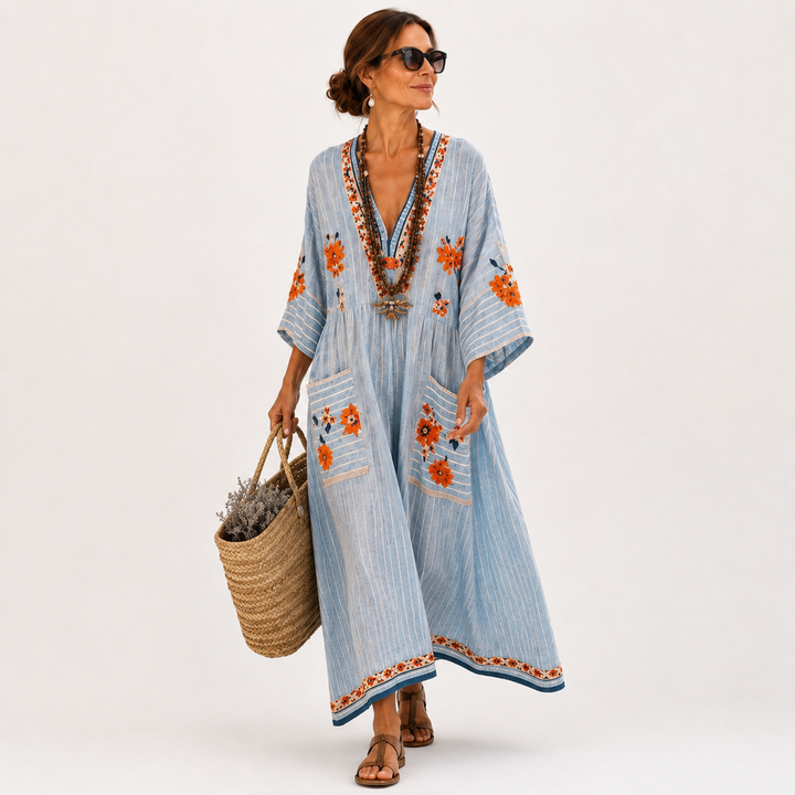 Cornelia | Blauwe Kaftan met Borduursel