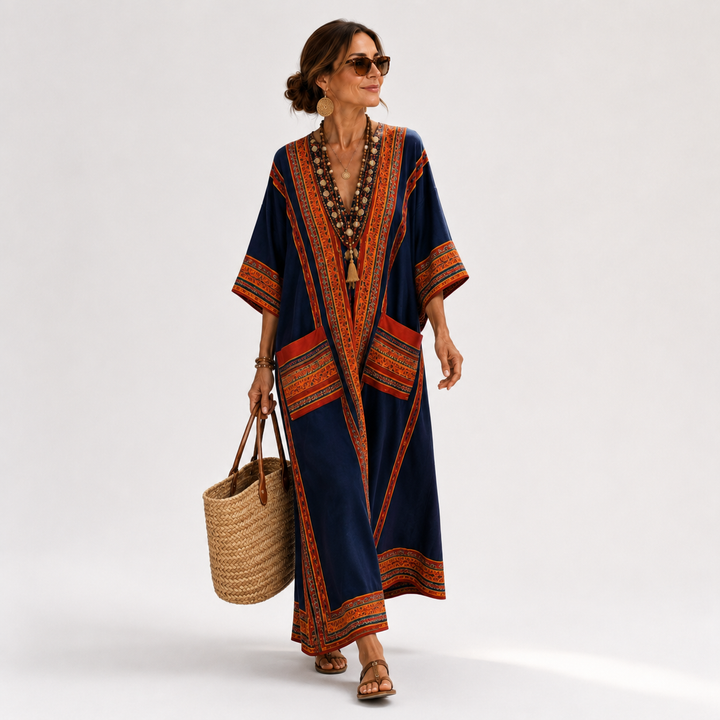 Dieuwke | Kaftan met Etnisch Motief in Blauw