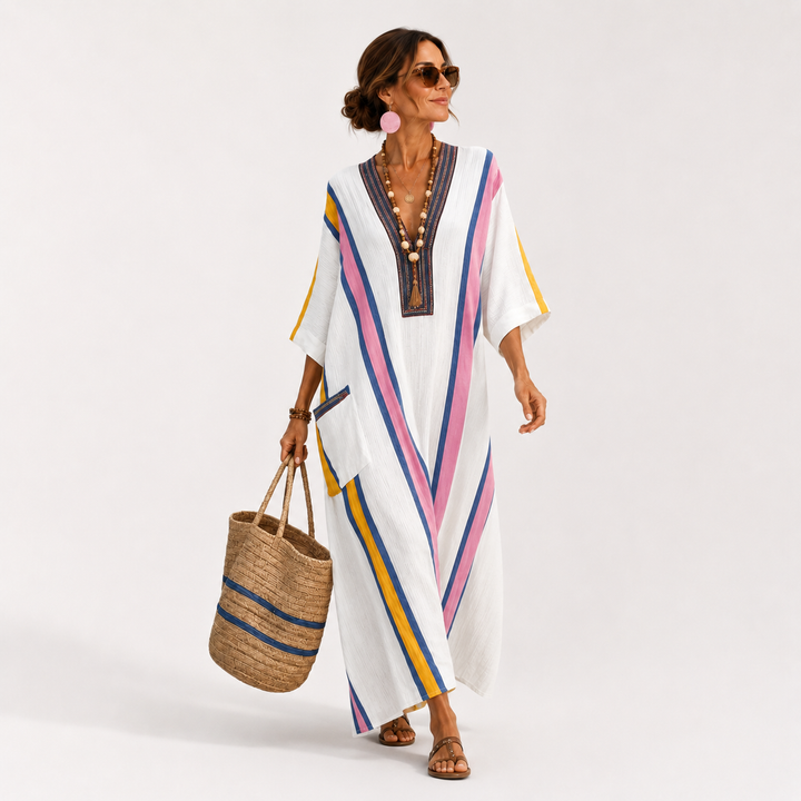 Coba | Witte Kaftan met Multicolor Print