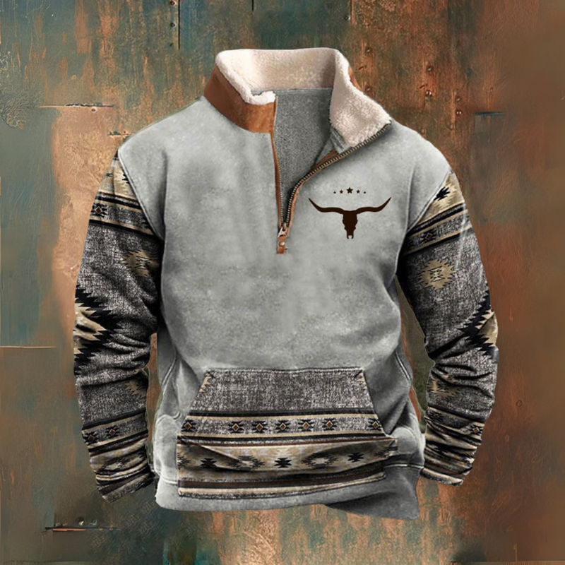 Finn | Grijze sweater met dessin en halve rits