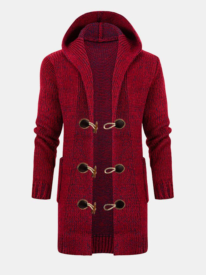 Olivier | Lang gebreid vest met capuchon en houtje-touwtjesluiting