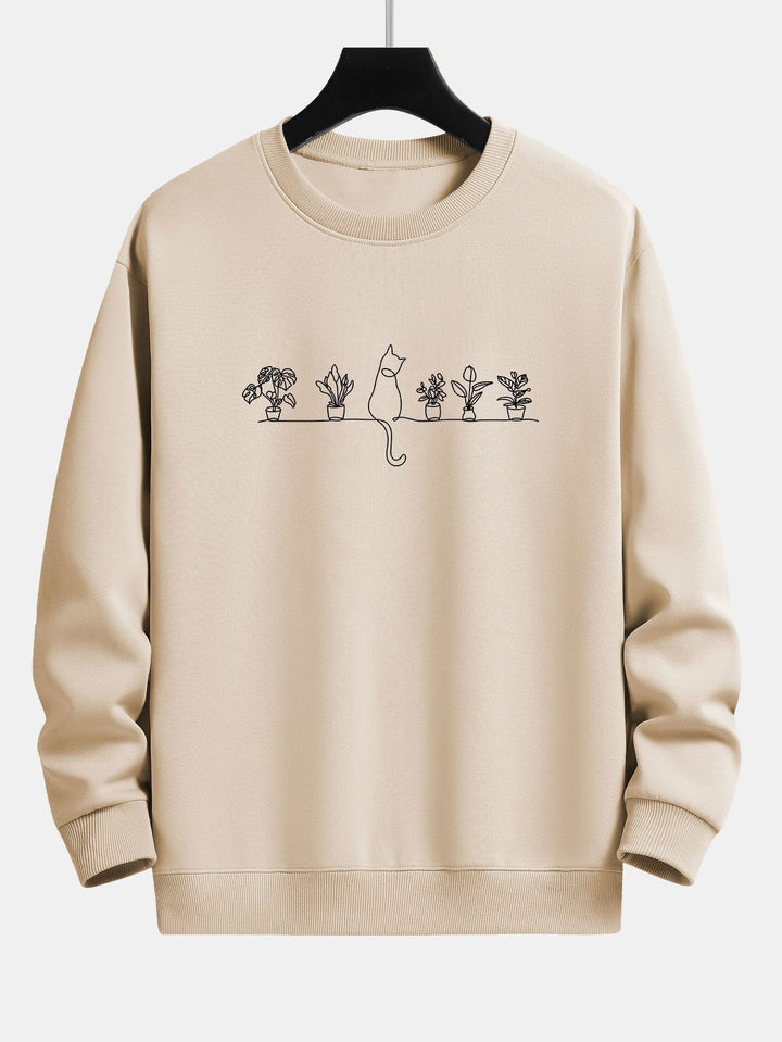 Folkert | Sweater met kat- en plantenprint en relaxte pasvorm